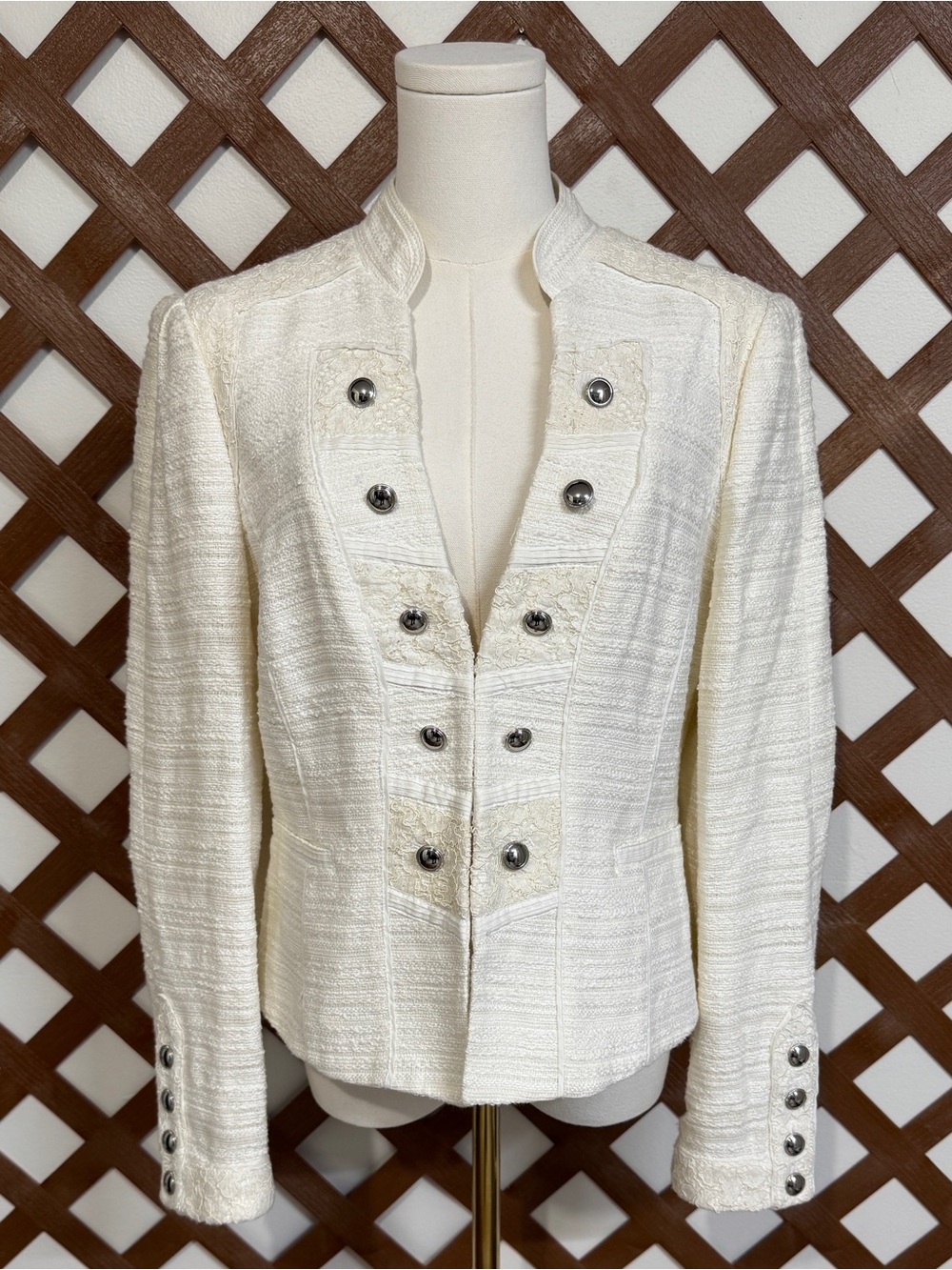WBZ1 {WHBM} Off White Lace Military Style Cropped Cotton Blazer Suit Coat Jacket